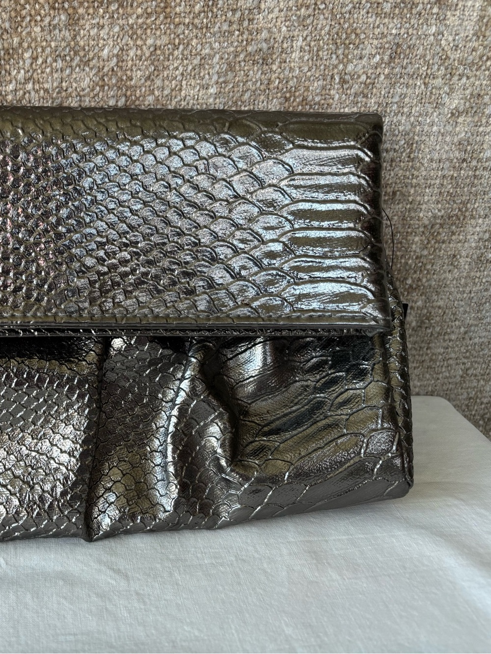 Metallic Grey Snake-Embossed Foldover Clutch